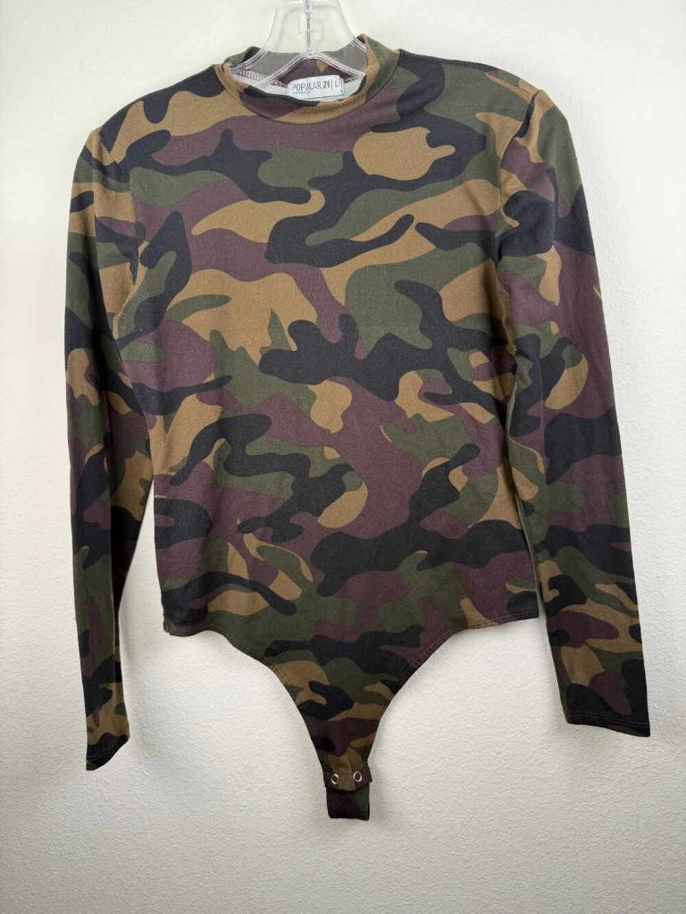 Camo Print Long Sleeve Mock Neck Thong Bodysuit Stretch Grunge Streetwear L